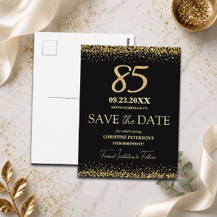 Black Gold Glitter 85th Birthday Save the Date Postcard