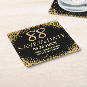 Black Gold Glitter 88th Birthday Save the Date Square Paper Coaster