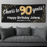 Black Gold Glitter 90th Birthday Banner<br><div class="desc">Elegant ninetieth birthday party banner featuring a stylish black background that can be changed to any color,  gold sparkly glitter,  ninety gold hellium balloons,  and a modern 90th birthday celebration text template that is easy to personalize.</div>