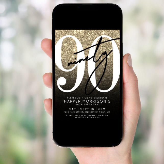 Black Gold Glitter 90th Birthday Invitation (Front Digital)