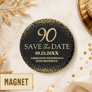 Black Gold Glitter 90th Birthday Save the Date Magnet