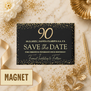 Black Gold Glitter 90th Birthday Save the Date Magnet