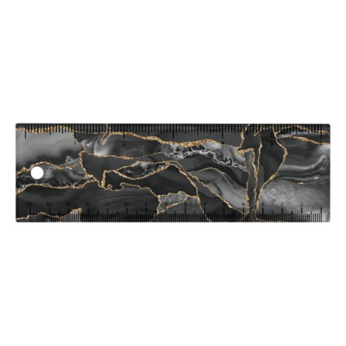 Black gold glitter abstract agate ruler