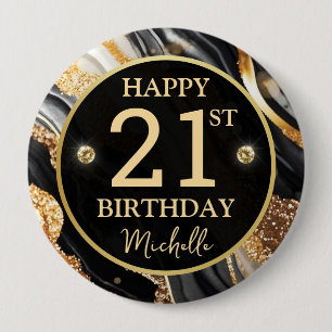 Black Gold Glitter Agate Birthday Badge Button