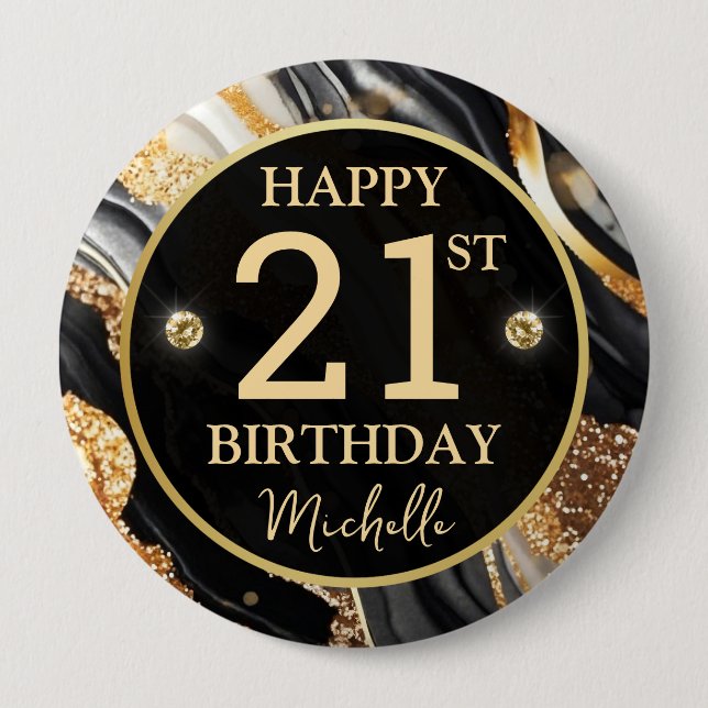 Black Gold Glitter Agate Birthday Badge Button (Front)