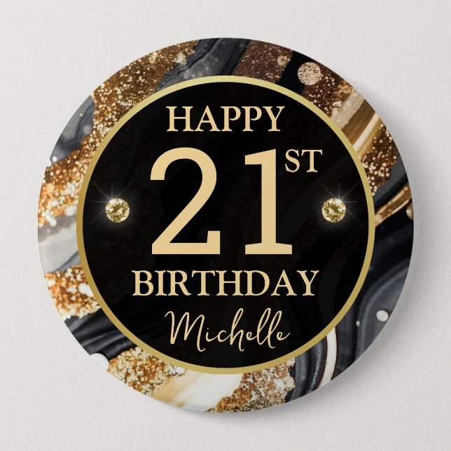Black Gold Glitter Agate Birthday Badge Button (Front)