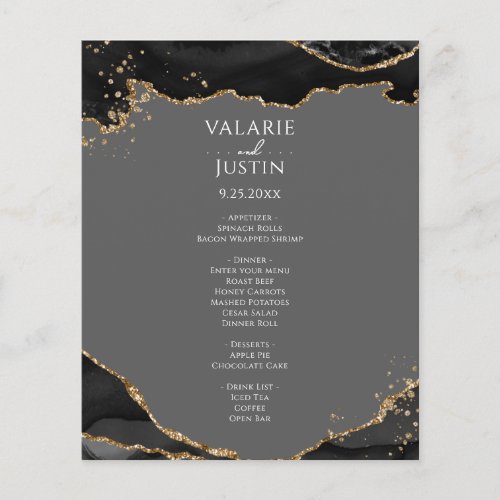 Black Gold Glitter Agate Budget Wedding Menu Flyer