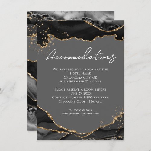 Black Gold Glitter Agate Wedding Accommodations  Enclosure Card