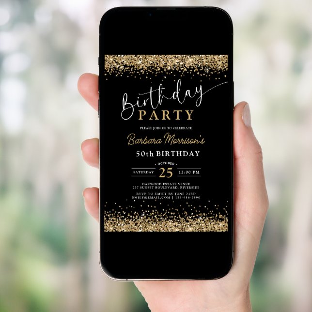 Black Gold Glitter Any Age 50th Birthday  Invitation (Front Digital)