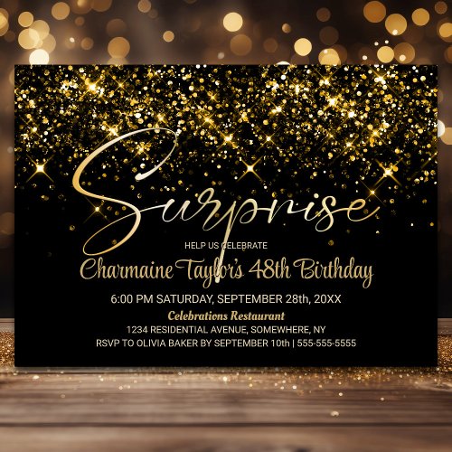 Black Gold Glitter Any Age Surprise Birthday Party Invitation