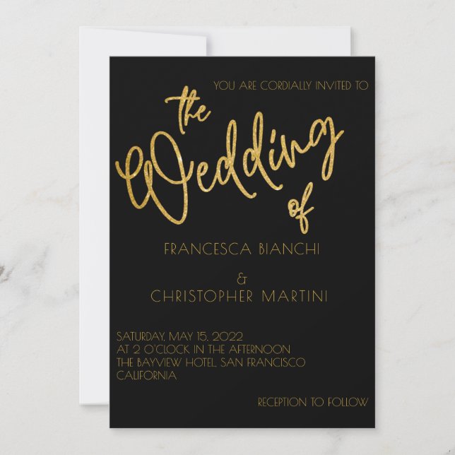 Black & Gold Glitter Art Deco Style Wedding Invitation (Front)