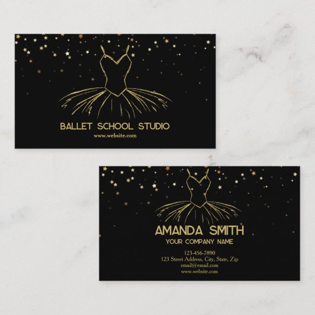 Black & gold glitter ballet dance studio business card (Front/Back)