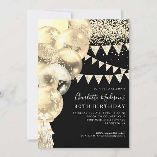 Black Gold Glitter Balloon Tassel Any Age Birthday Invitation