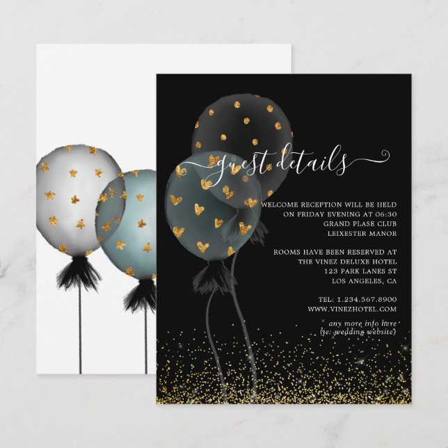 Black & Gold Glitter Balloon Wedding Guest Details Enclosure Card (Front/Back)