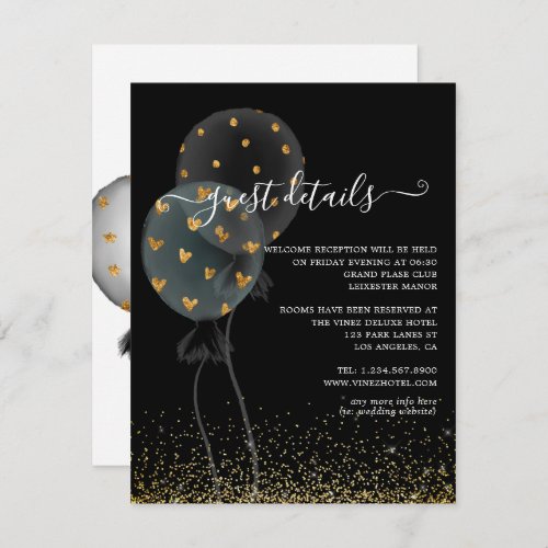 Black  Gold Glitter Balloon Wedding Guest Details Enclosure Card