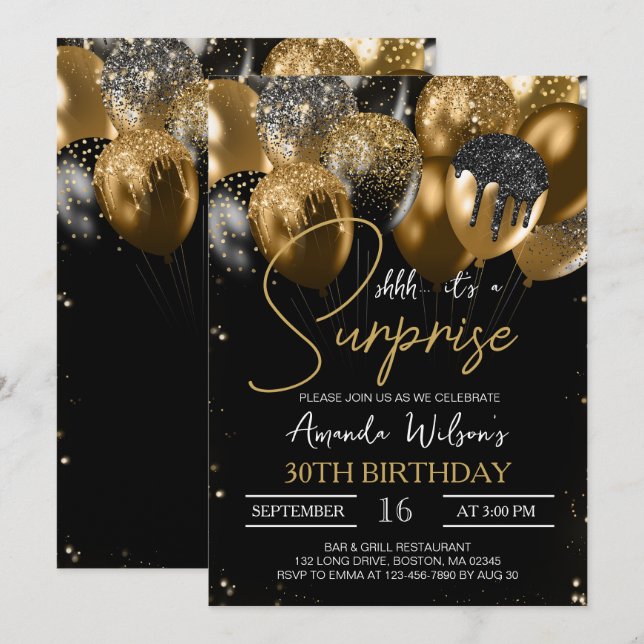 Black Gold Glitter Balloons 30th Surprise Birthday Invitation (Front/Back)