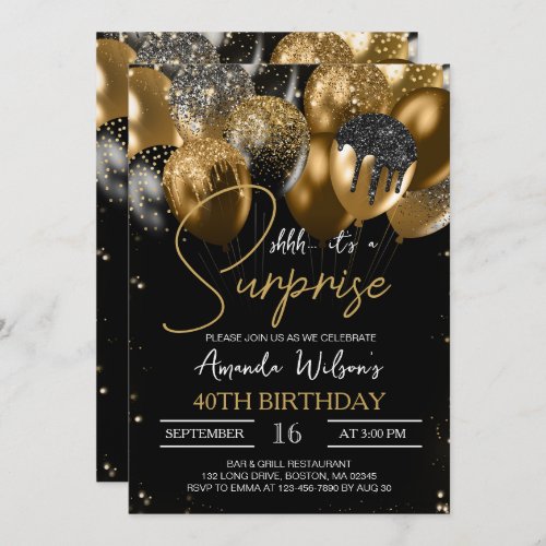 Black Gold Glitter Balloons 40th Surprise Birthday Invitation