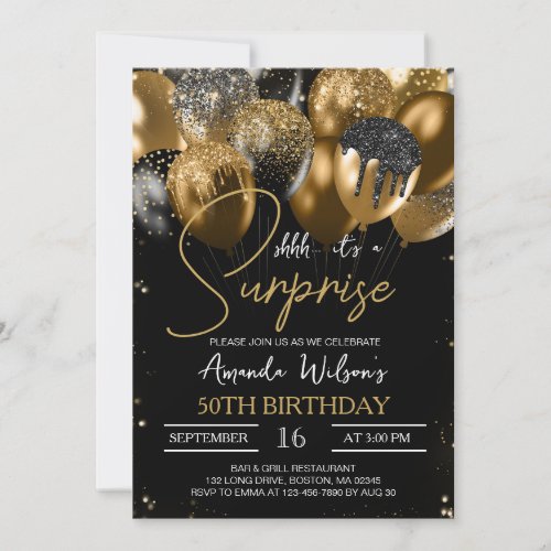 Black Gold Glitter Balloons 50th Surprise Birthday Invitation