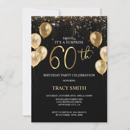 Black Gold Glitter Balloons 60th Surprise Birthday Invitation