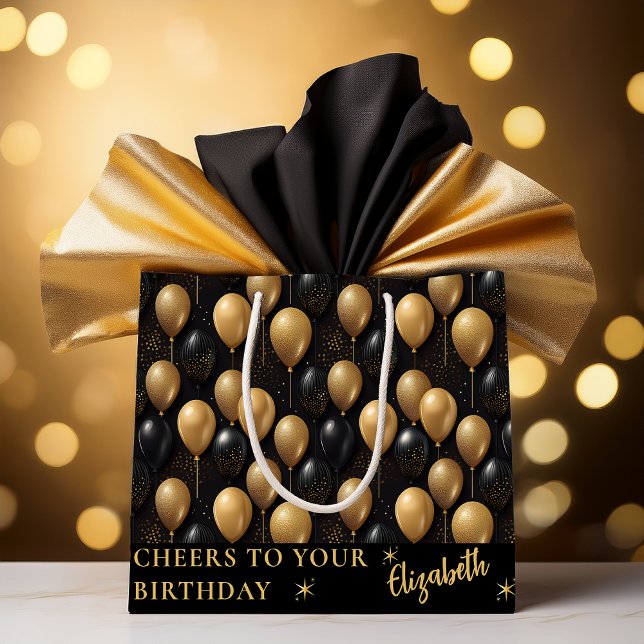 Black Gold Glitter Balloons Birthday Cheers Large Gift Bag (Elegant Black and Gold Faux Glitter Balloons Pattern A024 "Happy Birthday" [Name] Large Gift Bag)