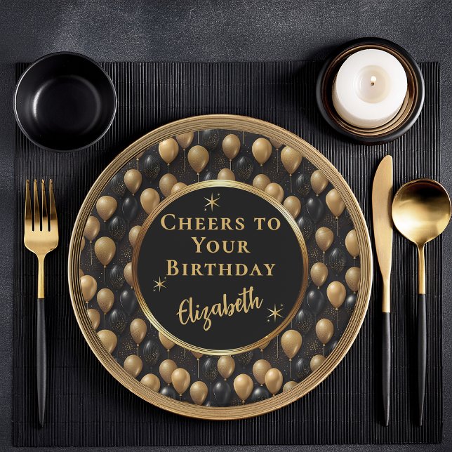 Black Gold Glitter Balloons Birthday Cheers Paper Plates (Elegant Black and Gold Faux Glitter Balloons A024" Cheers to Your Birthday" [Name] Paper Plates)