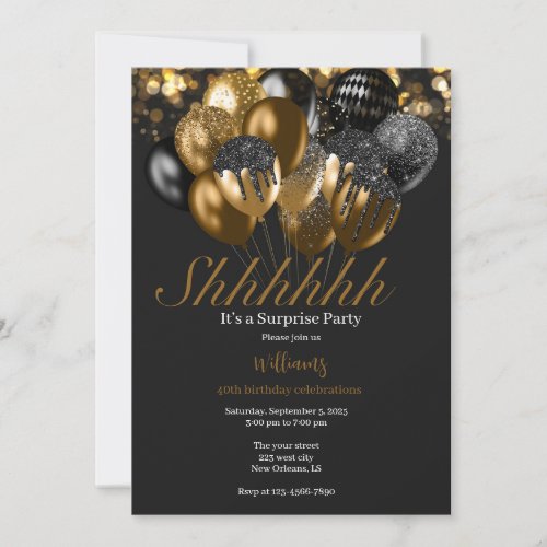 black Gold glitter balloons birthday invite