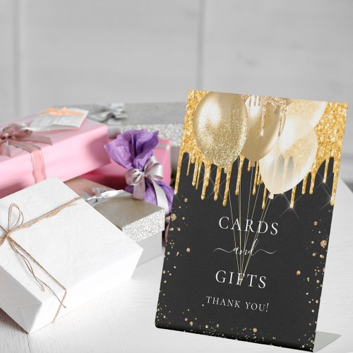 Black gold glitter balloons cards gifts pedestal sign