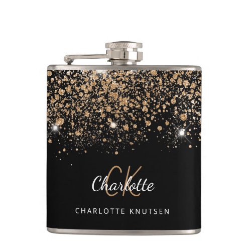 Black gold glitter best friends monogram flask