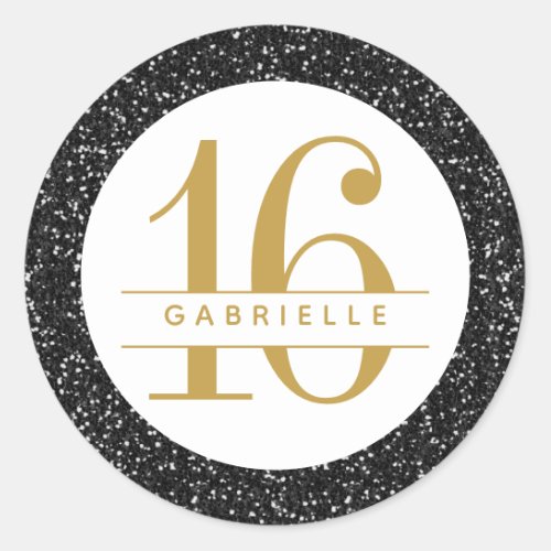 Black Gold Glitter Birthday Favor Sticker Label