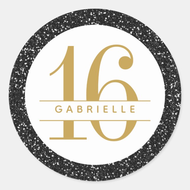 Black Gold Glitter Birthday Favor Sticker Label (Front)