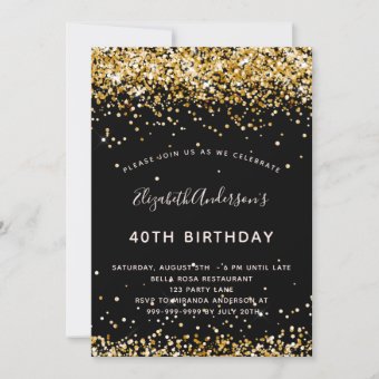 Black gold glitter birthday invitation | Zazzle