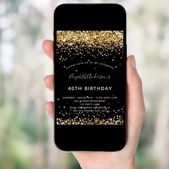 Black gold glitter birthday invitation | Zazzle