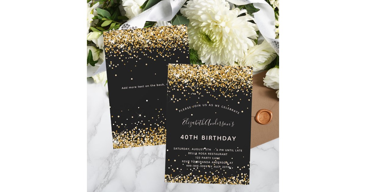Black gold glitter birthday invitation | Zazzle