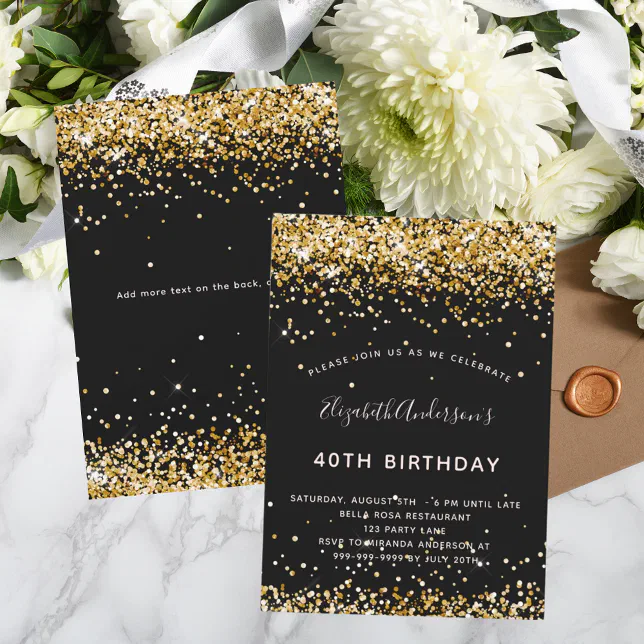 Black gold glitter birthday invitation | Zazzle