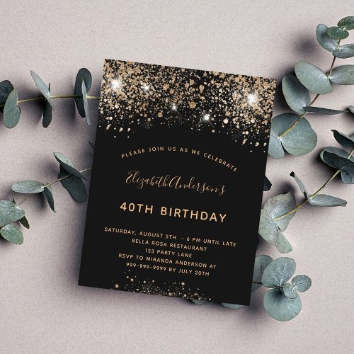 Black gold glitter birthday invitation postcard