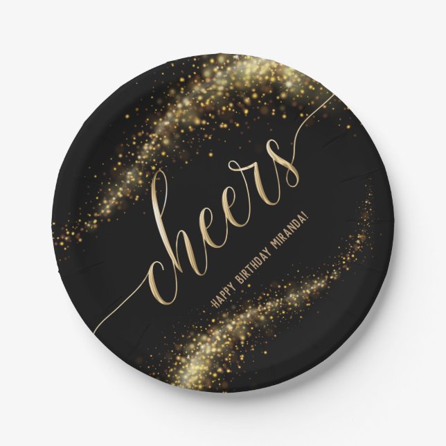 Black Gold Glitter Birthday Party Paper Plates (Front)