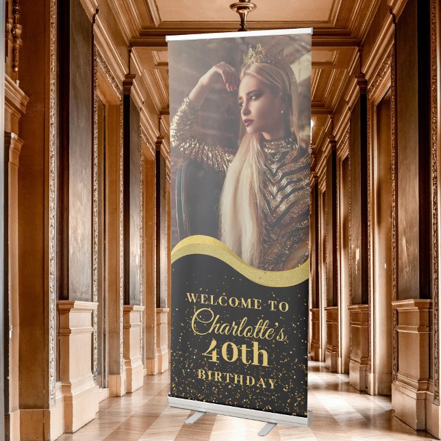 Black Gold Glitter Birthday Party Photo Welcome Retractable Banner (Black Gold Glitter Birthday Party Photo Welcome Retractable Banner)