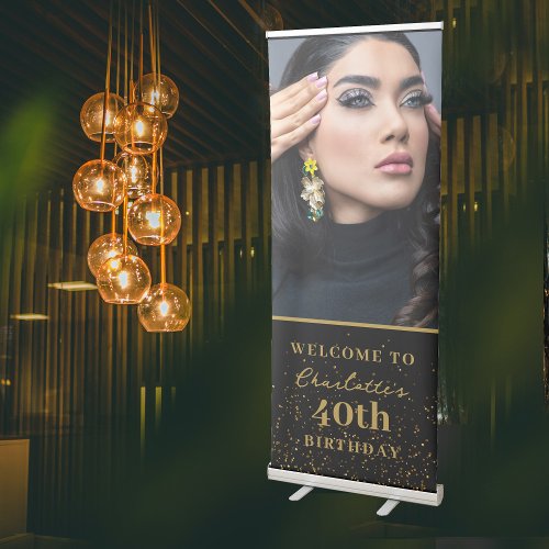 Black Gold Glitter Birthday Party Photo Welcome Retractable Banner