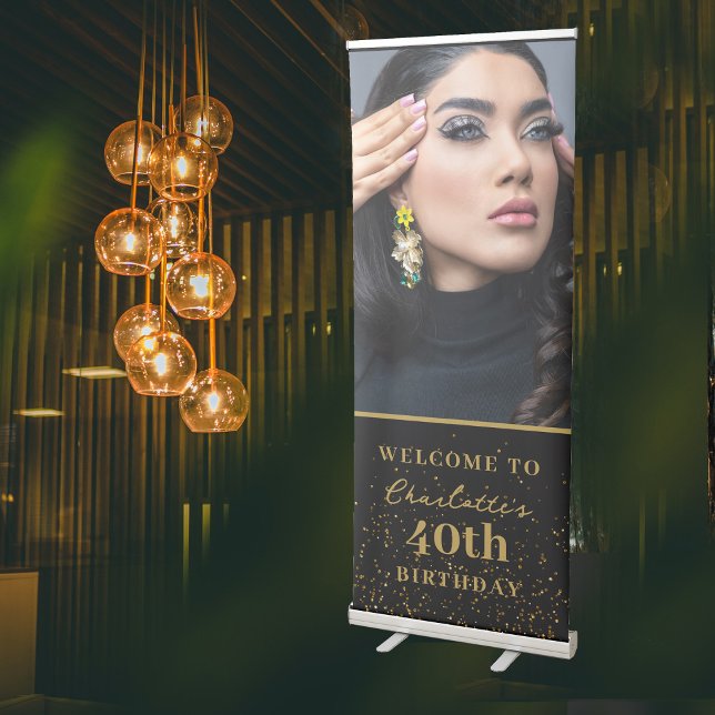 Black Gold Glitter Birthday Party Photo Welcome Retractable Banner (Black Gold Glitter Birthday Party Photo Welcome Retractable Banner)