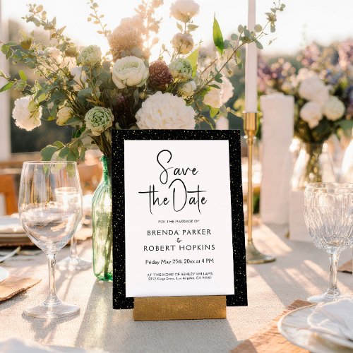 Black & Gold Glitter Black Script On White Invitation