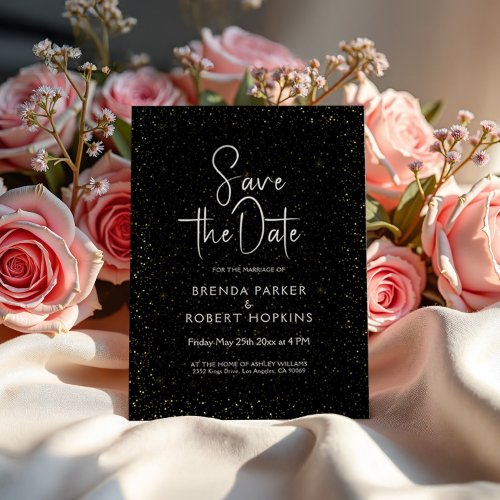 Black & Gold Glitter Black Script On White Invitation