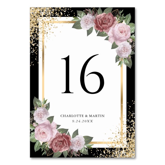 Black Gold Glitter Blush Pink Floral Wedding Table Number (Back)