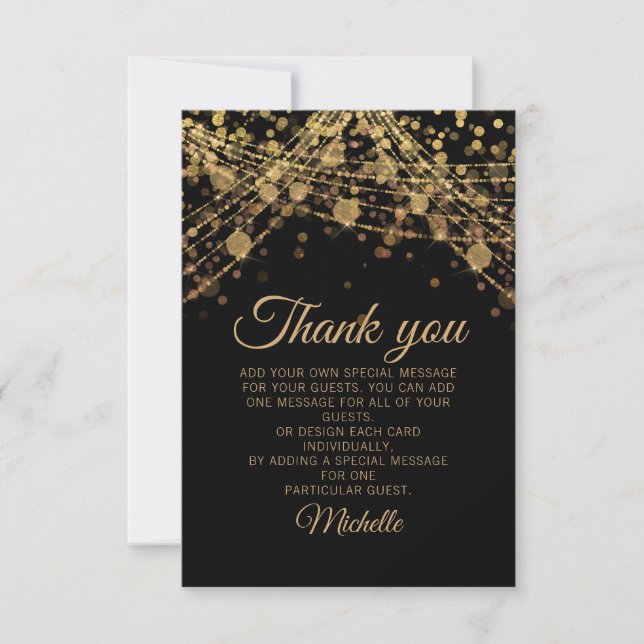 Black Gold Glitter Bokeh Birthday Party Thank You (Front)