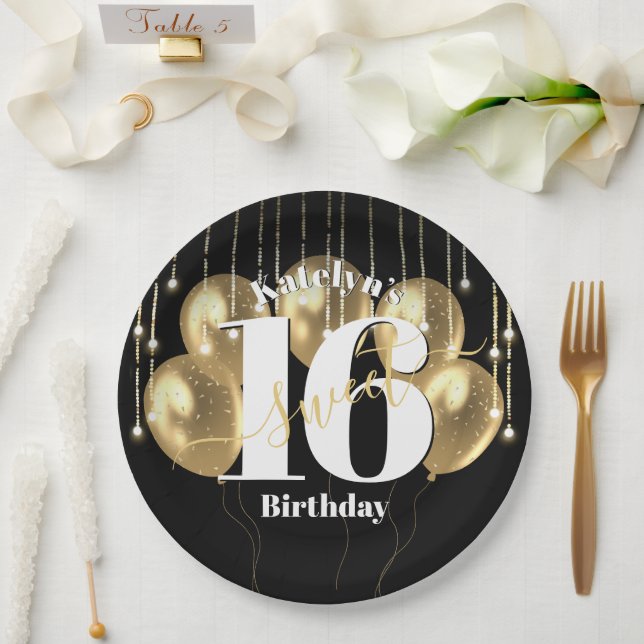 Black Gold Glitter Bold Sweet 16 Birthday Balloons Paper Plates (Wedding)