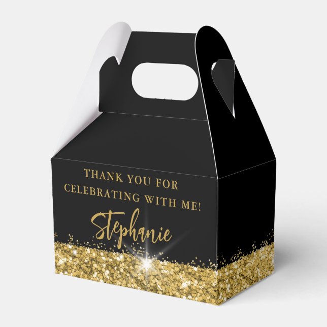 Black Gold Glitter Border Personalized Party Favor Boxes (Front Side)