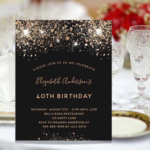 Black gold glitter budget birthday invitation
