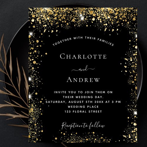 Black gold glitter budget wedding invitation