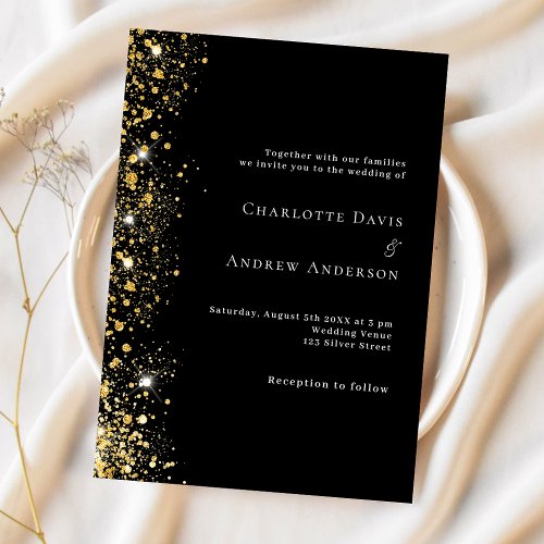 Black gold glitter budget wedding invitation