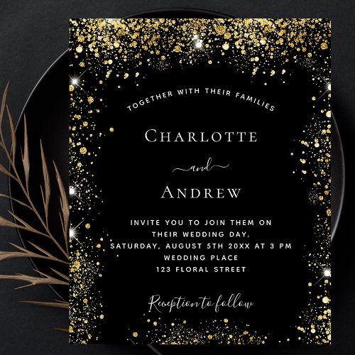 Black gold glitter budget wedding invitation flyer