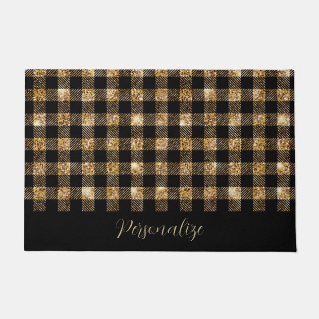 Black Gold Glitter Buffalo Plaid Personalized Doormat (Front)